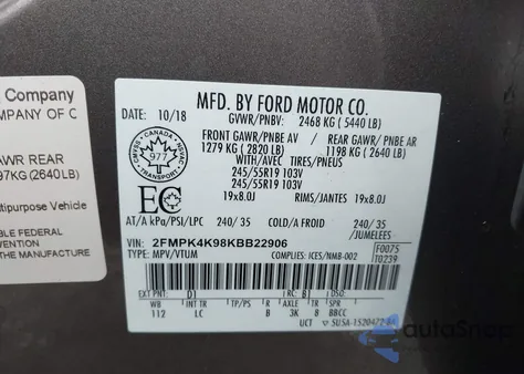 2019 Ford Edge Titanium z USA, uszkodzony, nr VIN 2FMPK4K98KBB22906